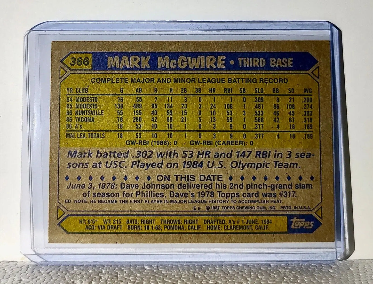 Mark McGwire 1987 Topps MLB #366 Baseball Card Oakland Athletics - Baseball Card Single