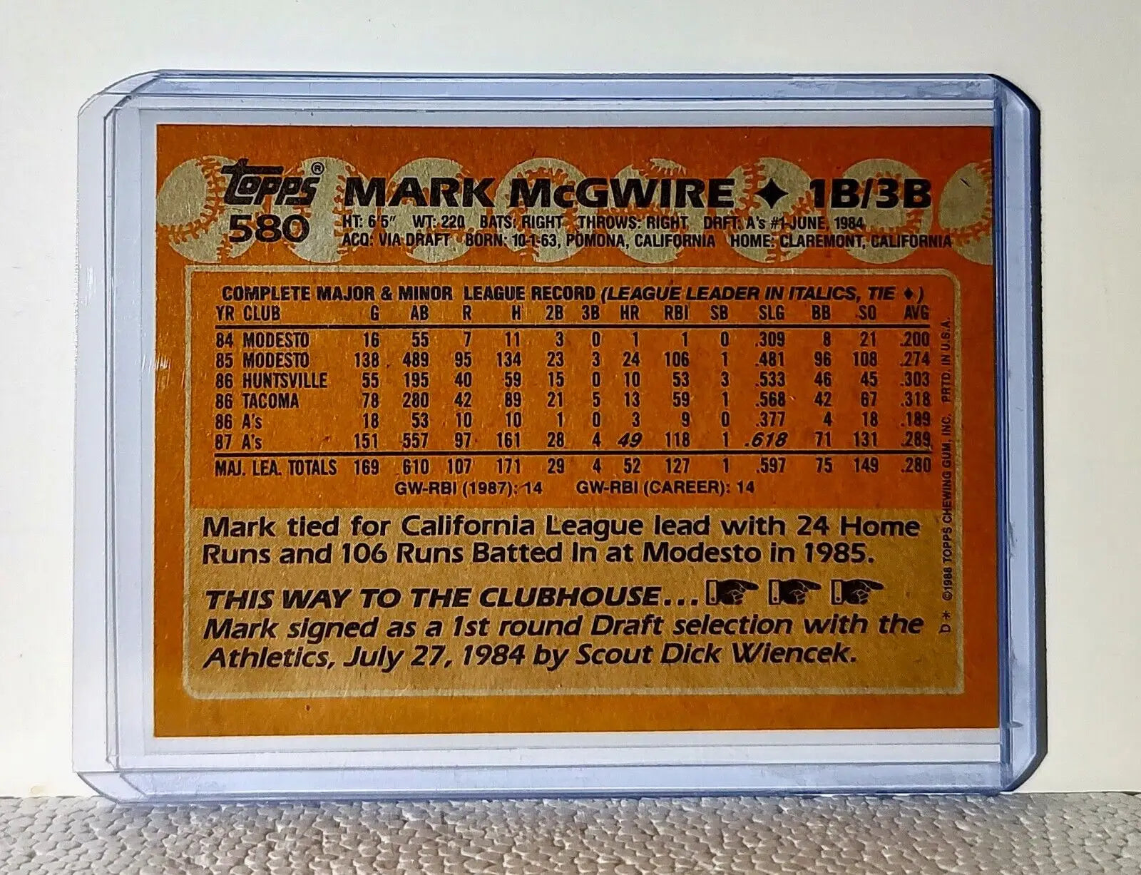 Mark McGwire 1988 Topps MLB #580 Baseball Card Oakland Athletics - Baseball Card Single