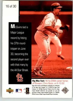 Mark McGwire - 1998 Upper Deck Mark McGwire’s Chase for 62 - #16 - Baseball - Baseball Card Single