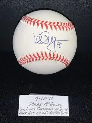 Official National League baseball signed by Mark McGwire with dark blue autograph and 98 number
