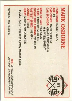 Mark Osborne - 1990 Checkered Flag IHRA - #91 - Racing - Racing Card Single
