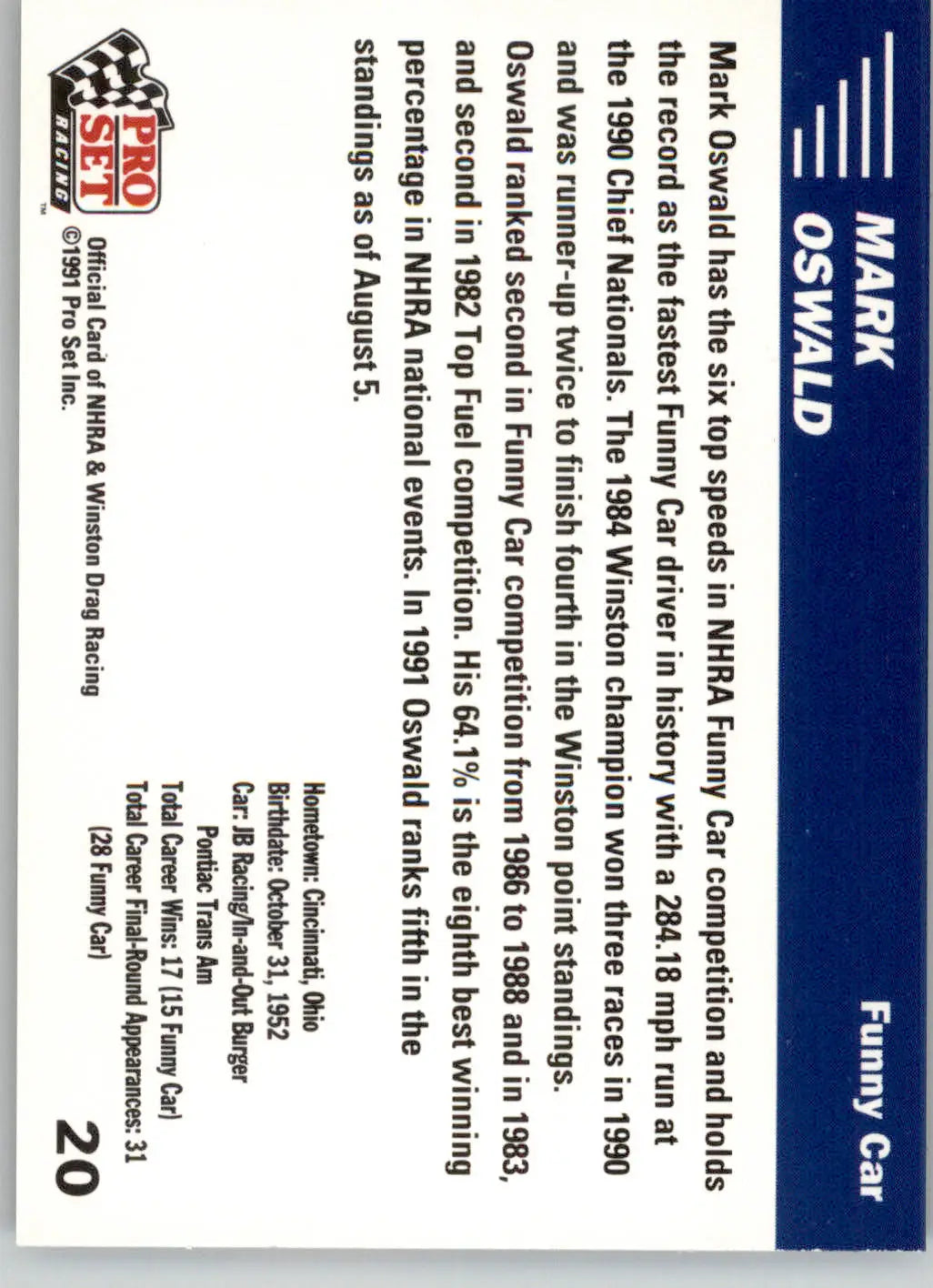 Mark Oswald - 1991 Pro Set NHRA - #20 - Racing - Racing Card Single