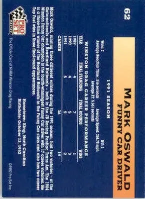 Mark Oswald - 1992 Pro Set NHRA - #62 - Racing - Racing Card Single