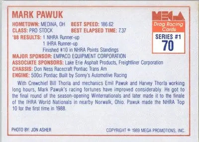 Mark Pawuk - 1989 Mega Drag - #70 - Racing - Racing Card Single