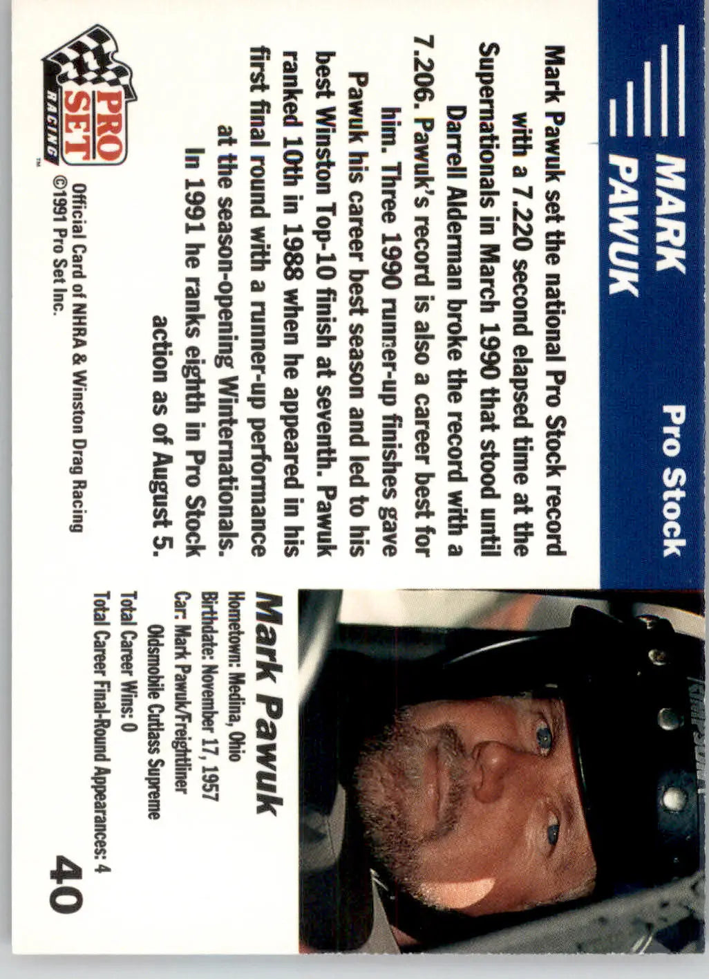 Mark Pawuk - 1991 Pro Set NHRA - #40 - Racing - Racing Card Single