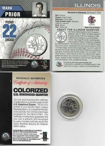 Mark Prior Merrick Mint Colorized U.S. Statehood Quarter Illinois Coin Facts Car - Coins & Currency