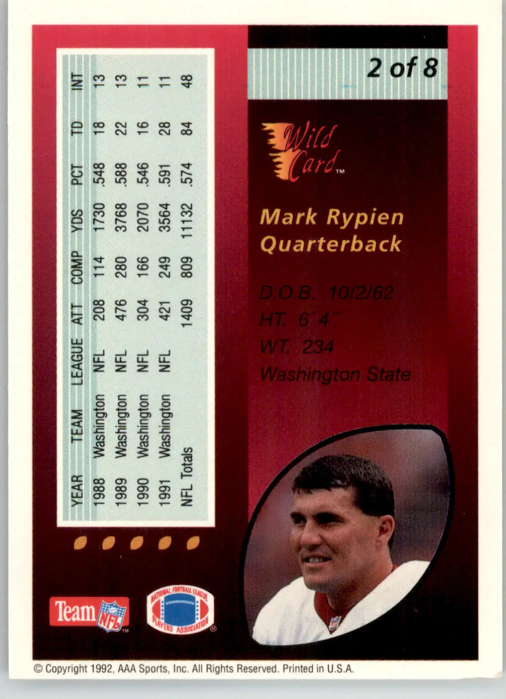 Mark Rypien - 1992 Wild Card - #2 - Pro Picks Football