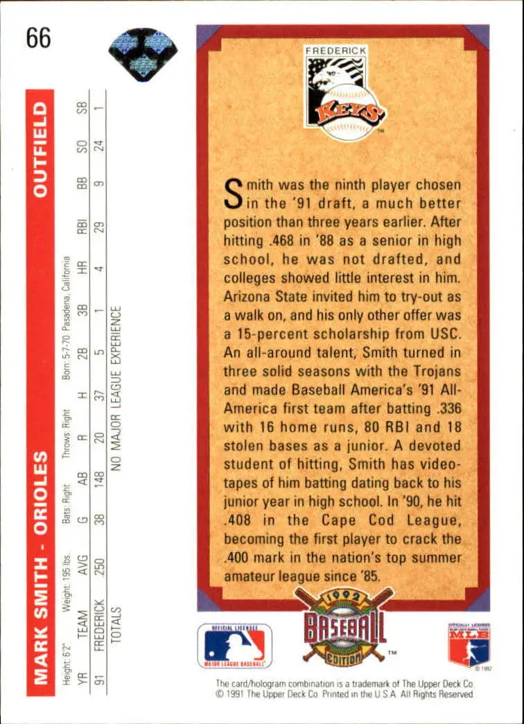 Mark Smith 1992 Upper Deck MLB #66 Rookie Baseball Card Baltimore Orioles