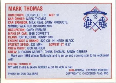Mark Thomas - 1989 Checkered Flag IHRA - #13 - Racing - Racing Card Single