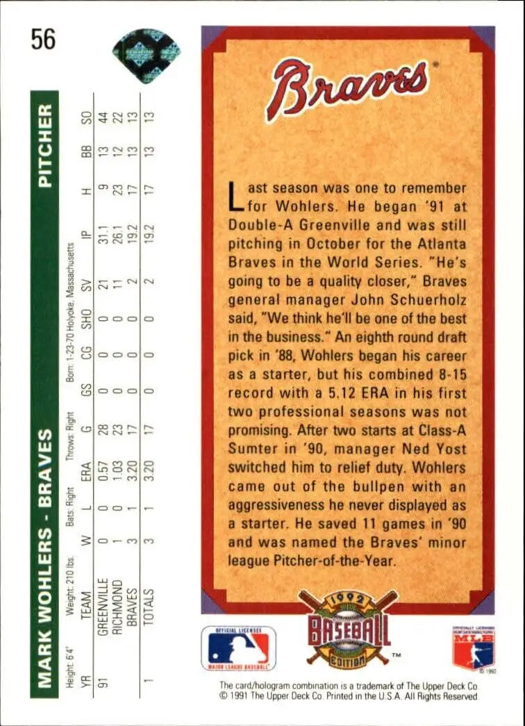 Mark Wohlers 1992 Upper Deck MLB #56 Top Prospect Baseball Card Atlanta Braves