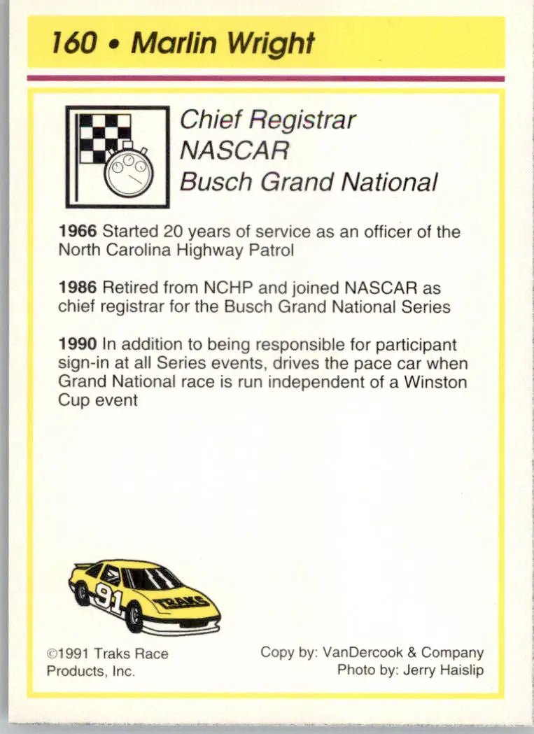 Marlin Wright - 1991 Traks - #160 - RC Racing - Racing Card Single