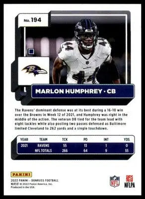 Marlon Humphrey 2022 Donruss #194 Baltimore Ravens - Football Card Single