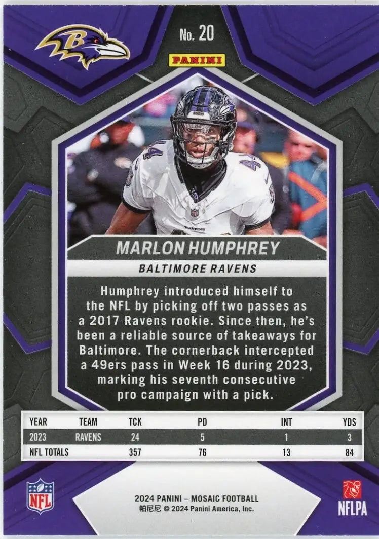 Marlon Humphrey 2024 Panini Mosaic #20 Baltimore Ravens Football Card NFL Sports - Football Card Single