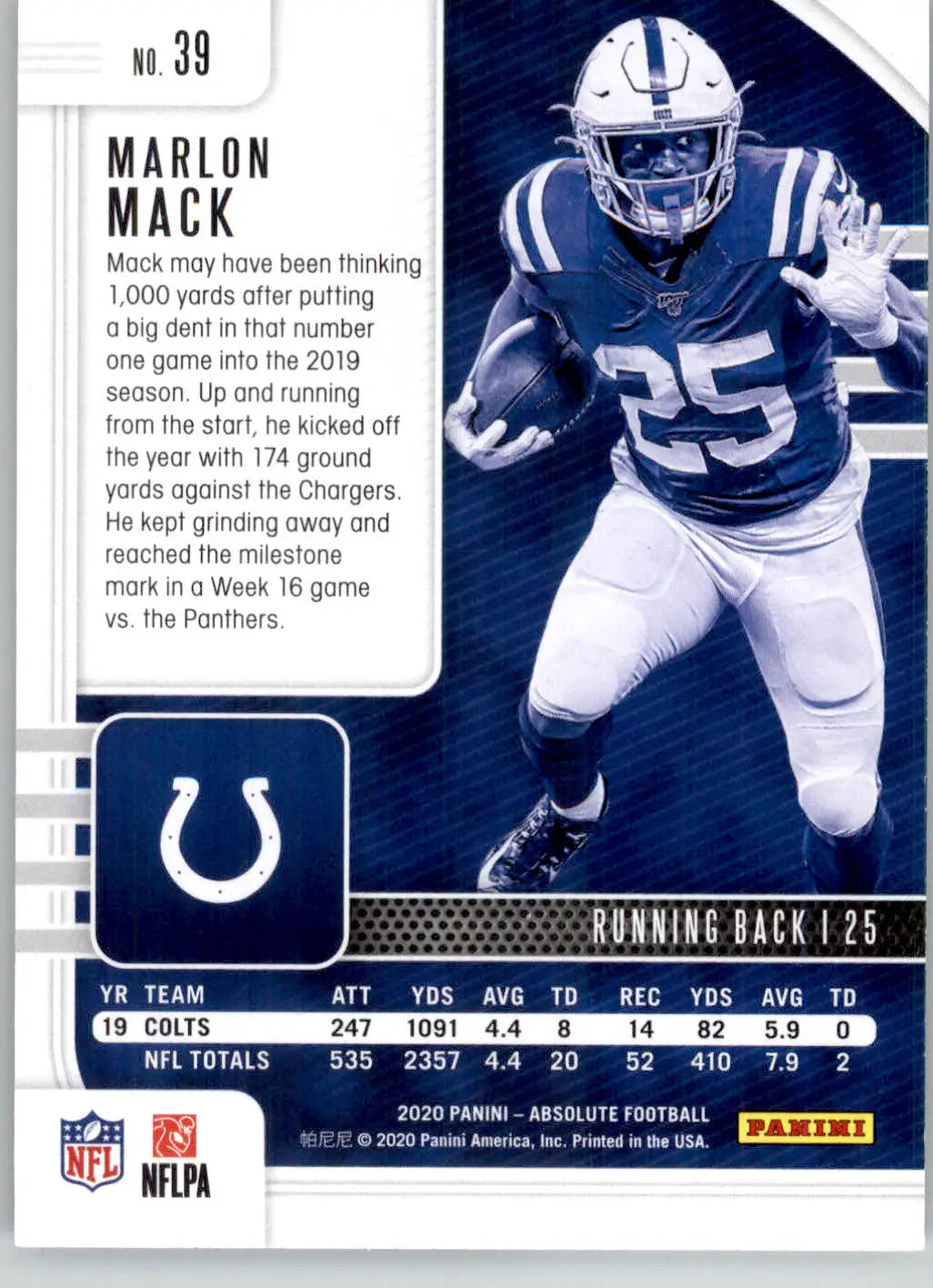 Marlon Mack - 2020 Panini Absolute - #39 - Retail Football