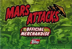 Bright red Mars Attacks official merchandise on green background promoting trading cards