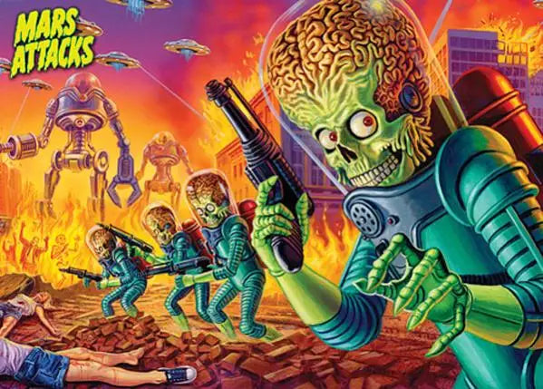 Alien with exposed brain and bulging eye holding ray gun on Mars Attacks Invasion P1 promo card
