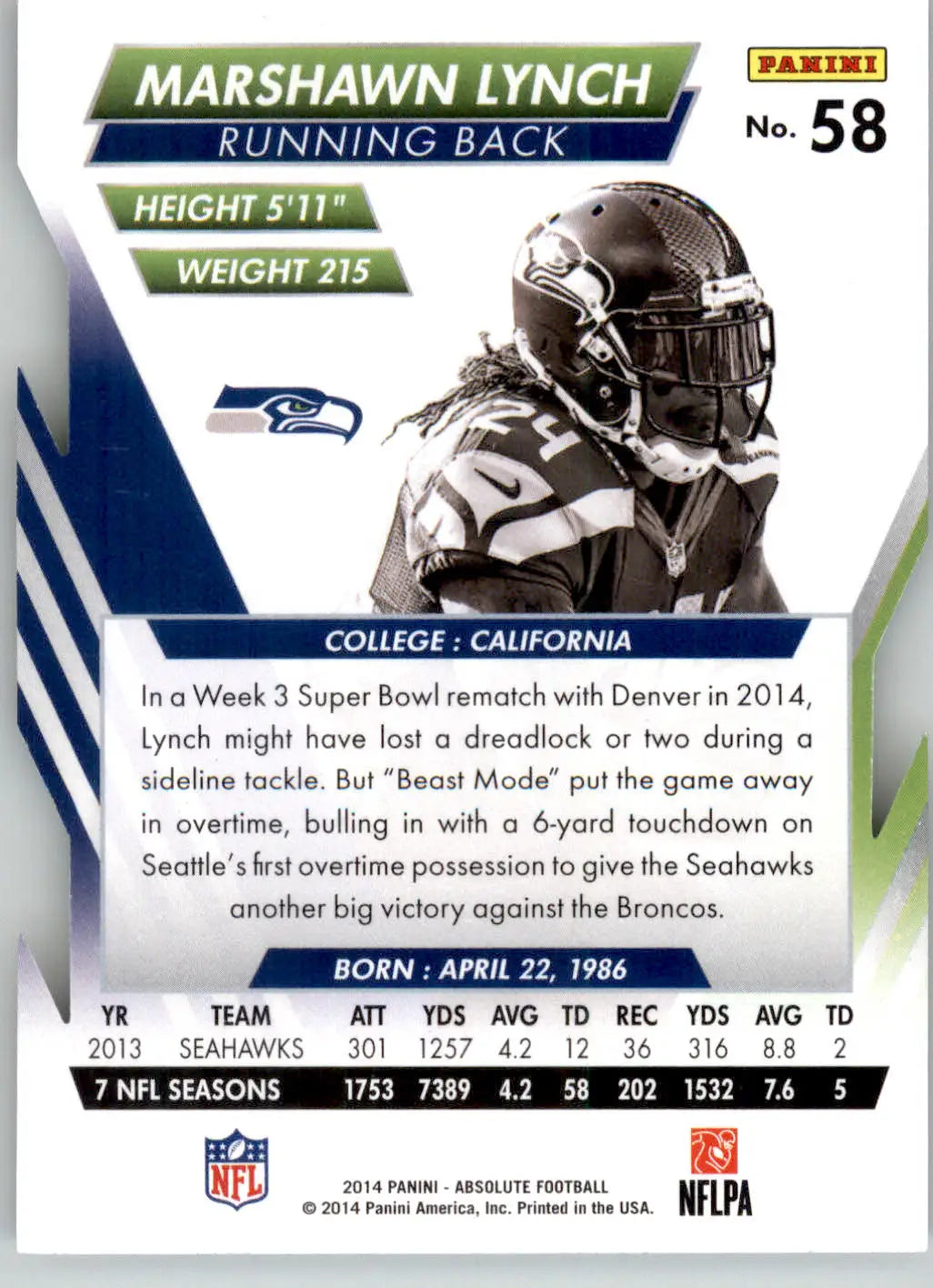 Marshawn Lynch - 2014 Panini Absolute - #58 - Retail Football