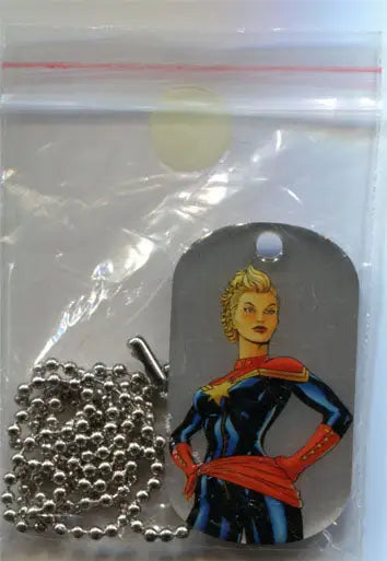 Dog tag chain necklace featuring Captain Marvel superhero character illustration