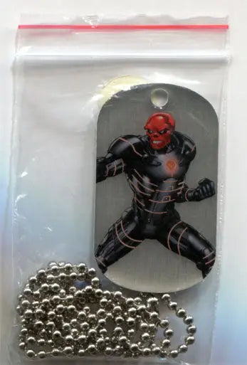 Red Skull action figure pendant on a Marvel chain necklace with trading cards design