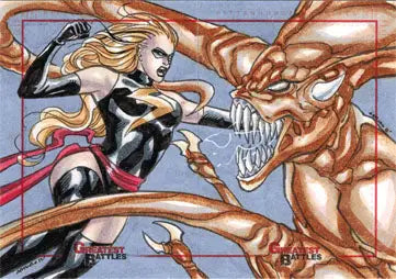 Comic book sketch of Ms. Marvel battling a monster from Marvel Greatest Battles sketch card puzzle by Arley Tucker