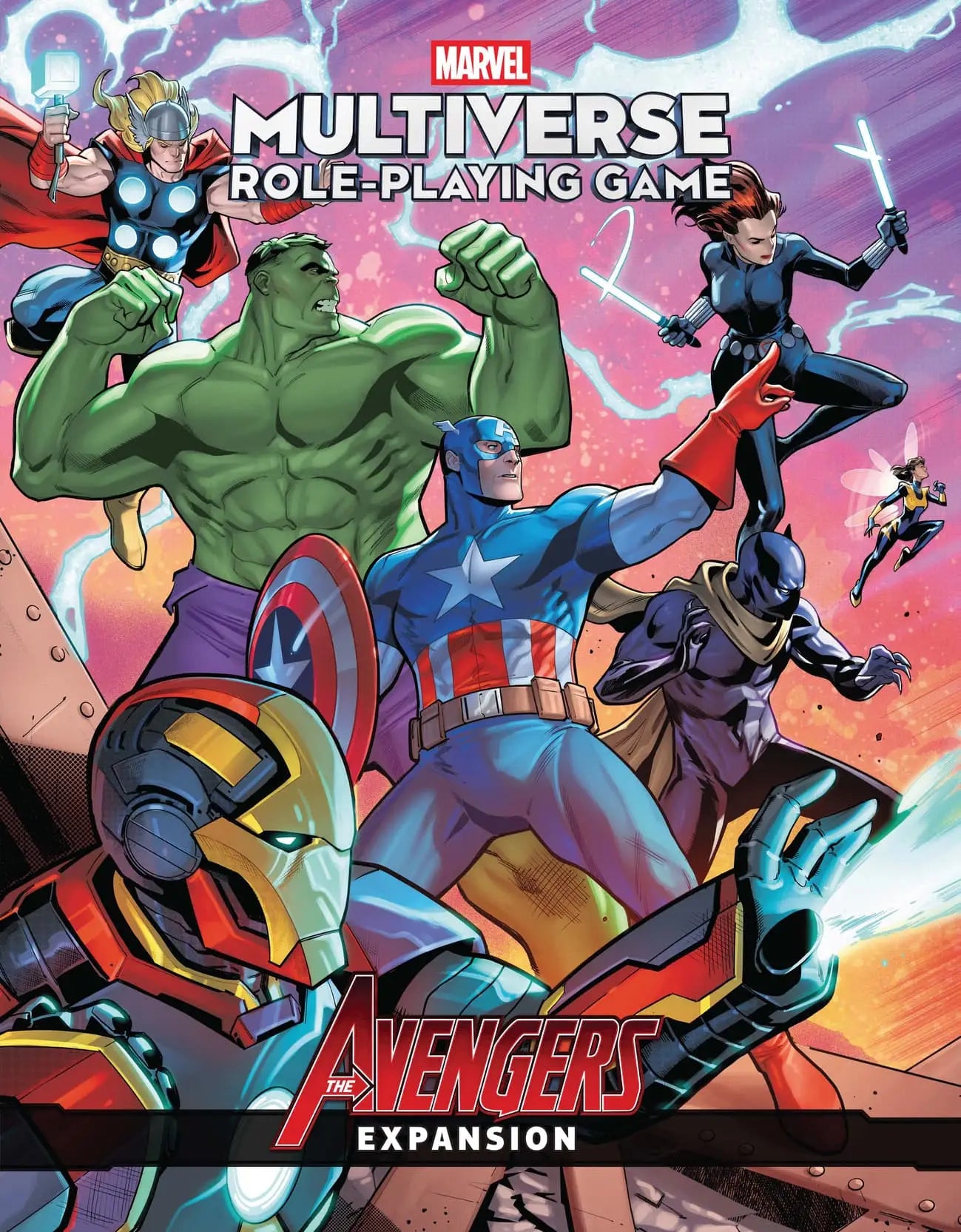 Cover art for Marvel Multiverse Role-Playing Game Avengers expansion featuring super heroes