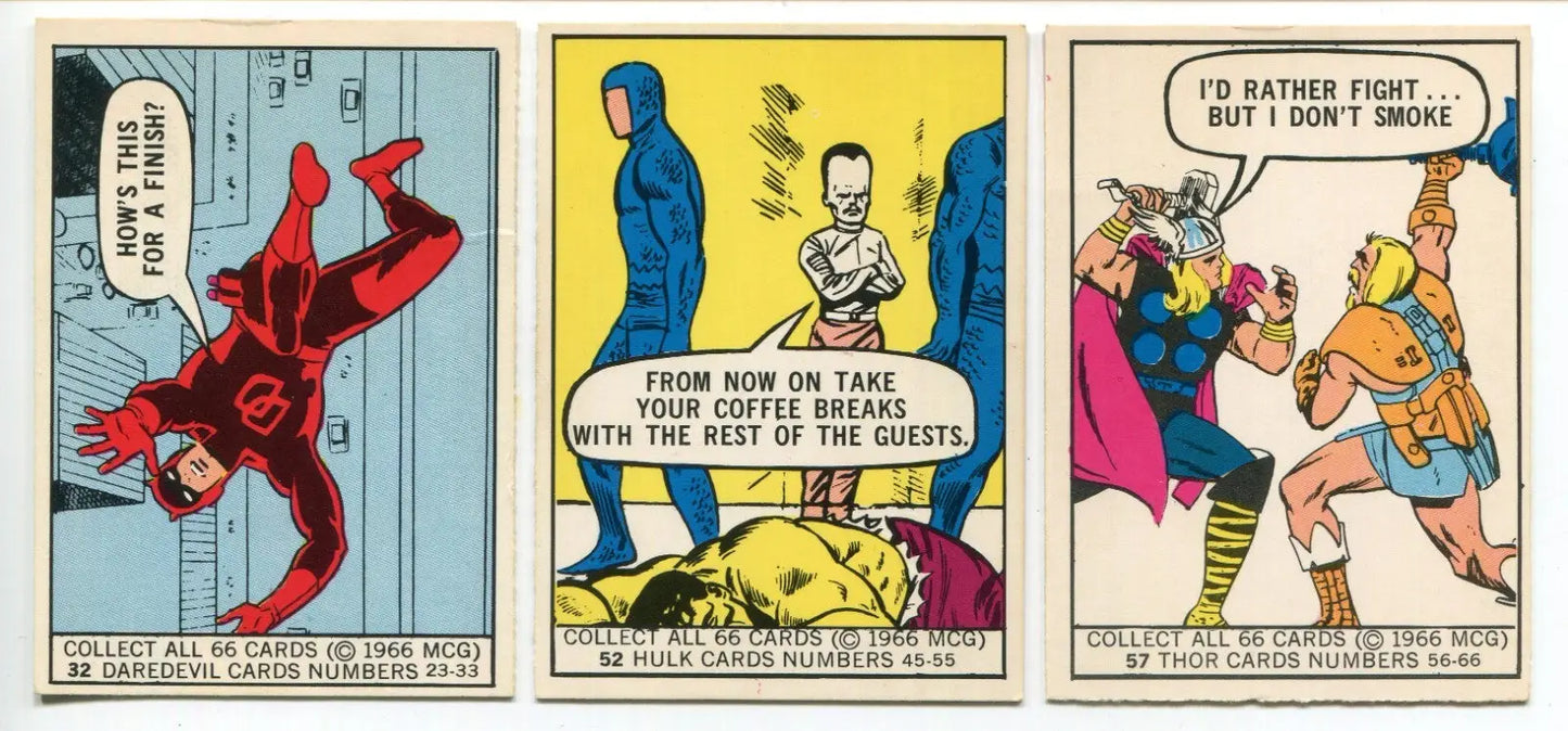 MARVEL SUPER HEROES 1966 Donruss RC Lot 3 DD #32 Hulk #52 Thor #57 RC - Marvel Card Single