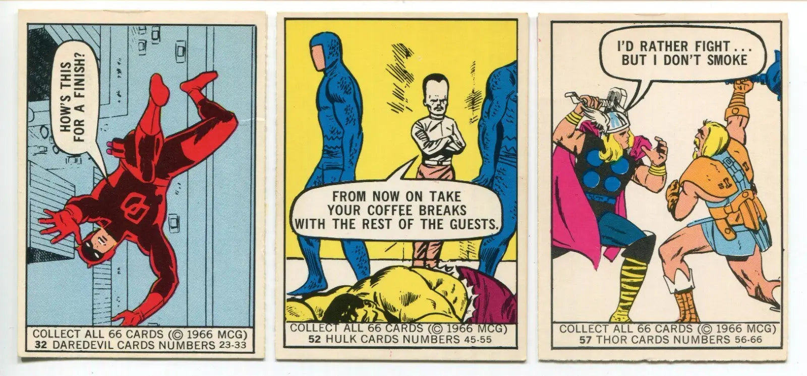 MARVEL SUPER HEROES 1966 Donruss RC Lot 3 DD #32 Hulk #52 Thor #57 RC - Marvel Card Single