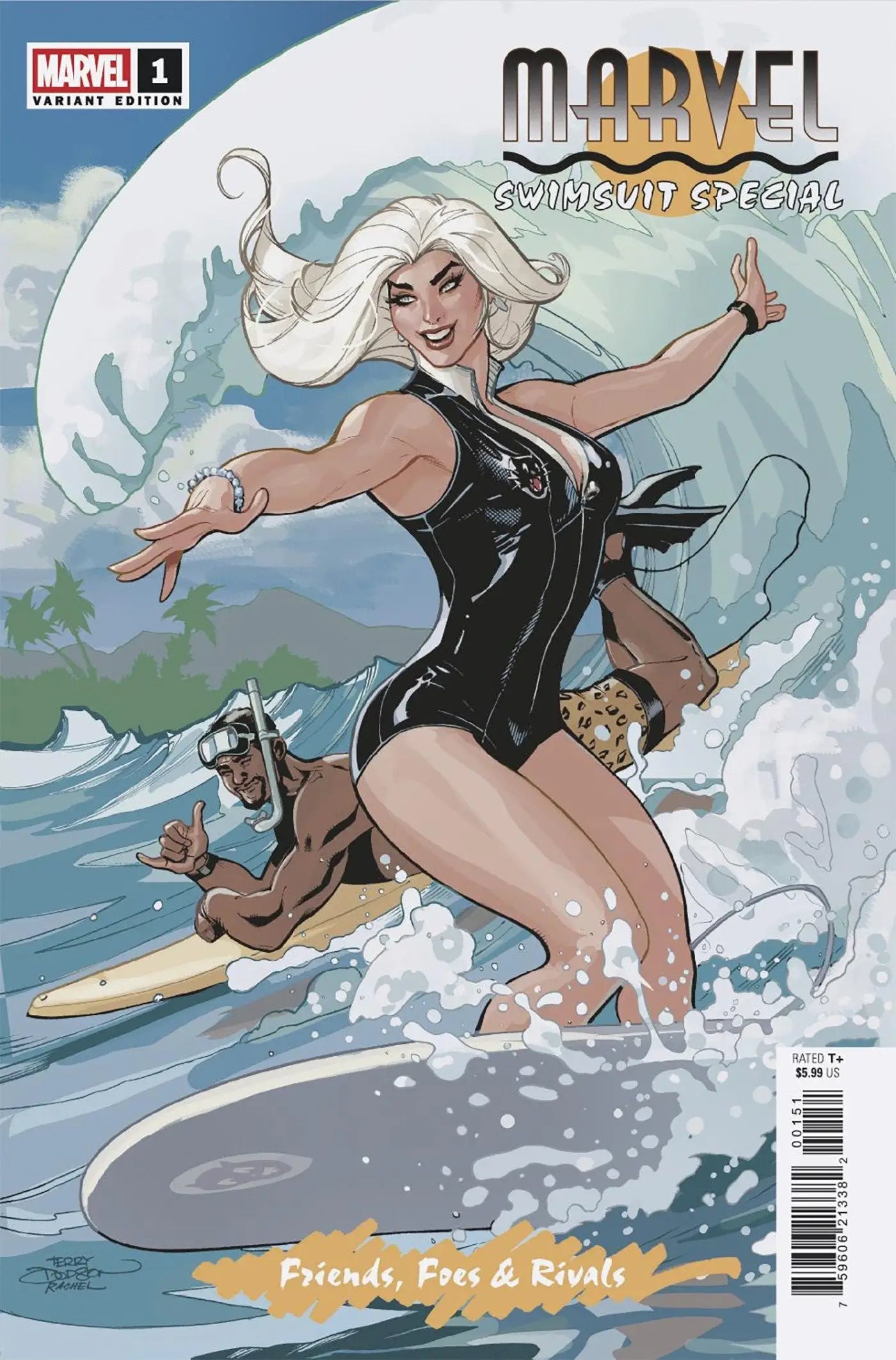 Comic book cover featuring blonde woman surfing in a black swimsuit from Marvel Swimsuit Special Terry Dodson Variant