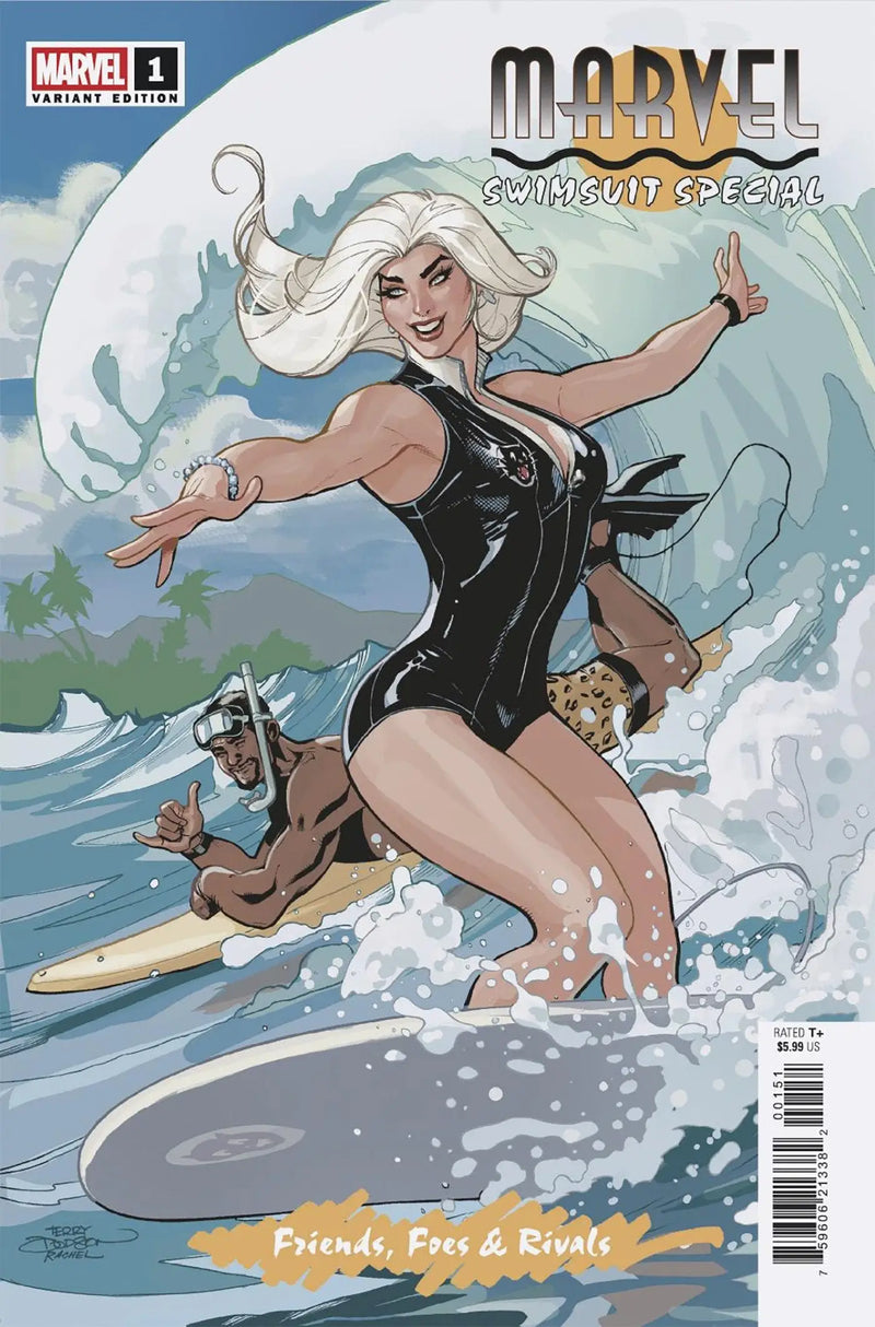 Comic book cover featuring blonde woman surfing in a black swimsuit from Marvel Swimsuit Special Terry Dodson Variant