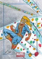 Colorful Marvel Universe sketch card by Leeahd Goldberg featuring Speedball artwork