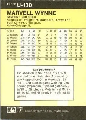 Marvell Wynne - 1986 Fleer Update - #U-130 - Baseball - Baseball Card Single