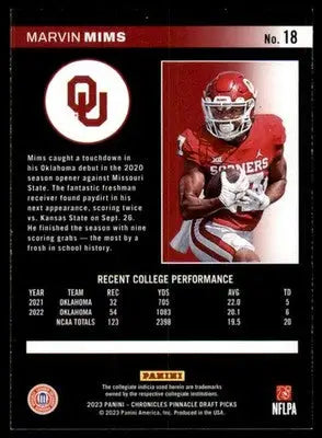 Marvin Mims 2023 Panini Chronicles Draft Picks Pinnacle #18 Oklahoma Sooners - Football Card Single
