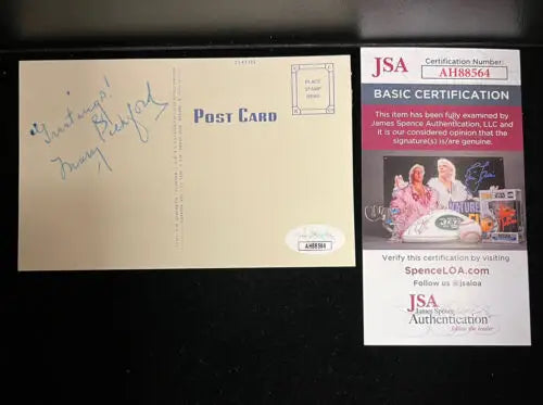 Mary Pickford signed post card with authentication from JSA COA for collectors
