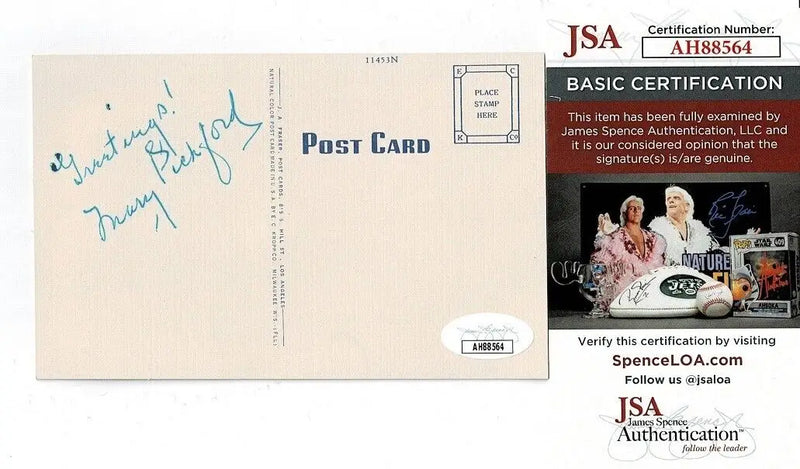 Mary Pickford signed authentic Beverly Hills post card with JSA COA for collectors