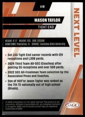Mason Taylor 2025 SAGE HIT Blue #118 LSU Tigers - Football Card Single
