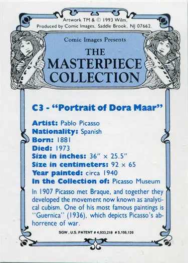 Trading card showcasing Pablo Picasso’s Portrait of Dora Maar in Masterpiece Collection Chromium Chase Card