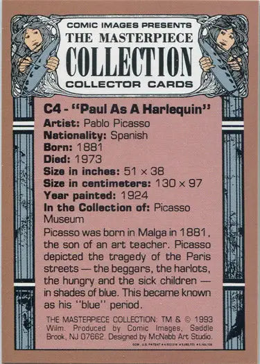 Collector card showcasing Pablo Picasso’s Paul As A Harlequin in Masterpiece Collection Chromium Chase Card