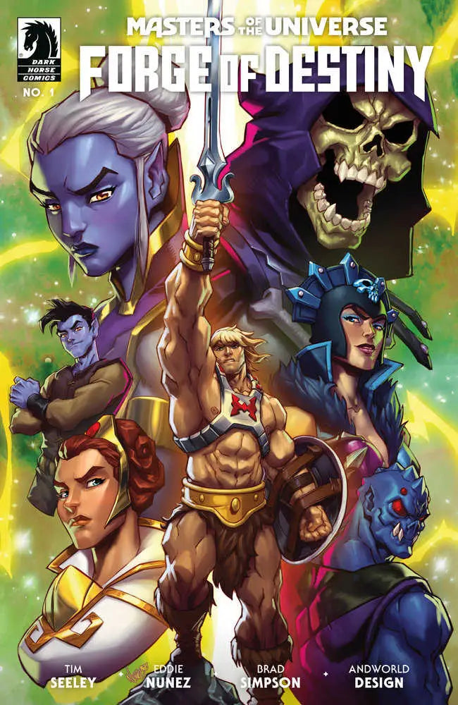 Comic book cover of Masters of the Universe: Forge of Destiny by Eddie Nunez featuring heroes and villains
