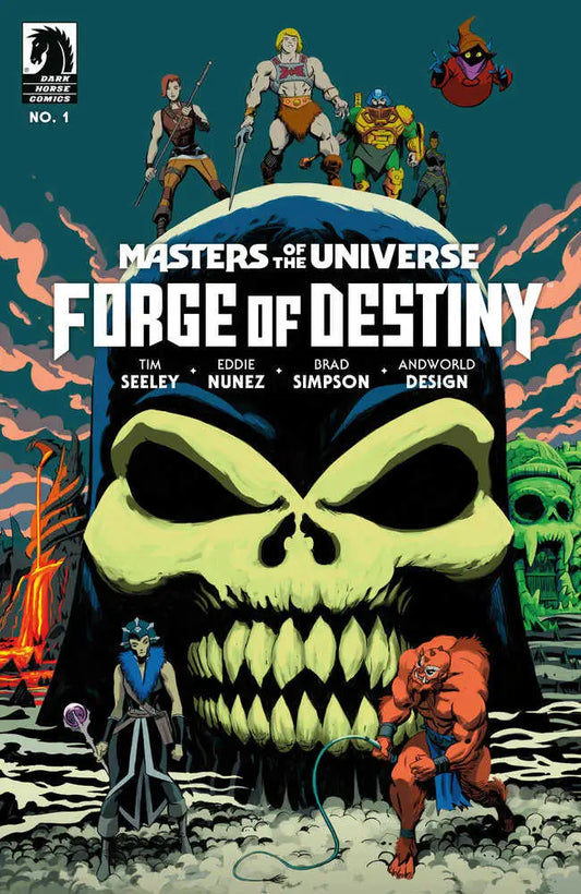 Menacing skull with glowing green eyes on Masters Of The Universe cover by Javier Rodriguez