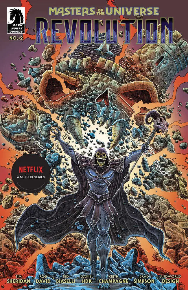 Comic book cover featuring a dark armored figure wielding magic in Masters Of The Universe