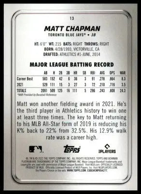 Matt Chapman 2022 Bowman Platinum #13 Toronto Blue Jays - Baseball Card Single