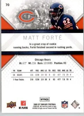 Matt Forte - 2009 SP Threads - #70 - Football - Football Card Single