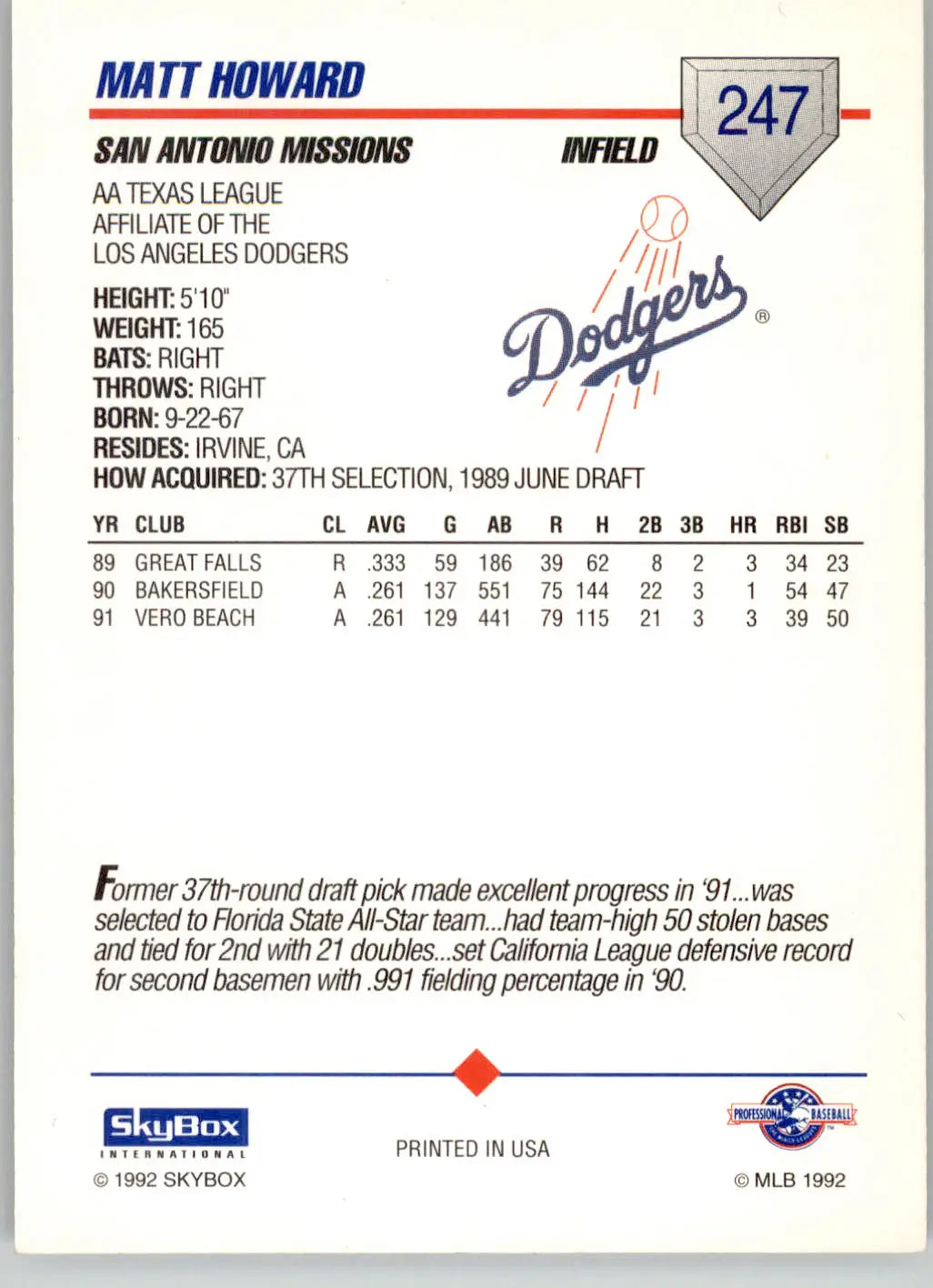 Matt Howard - 1992 SkyBox Team Sets AA - #567 - Baseball - Baseball Card Single