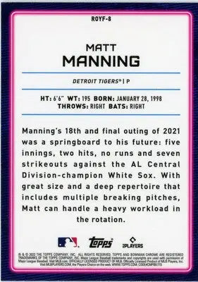 Matt Manning 2022 Bowman Chrome Rookie Year Favorites #ROYF-8 Tigers - Baseball Card Single