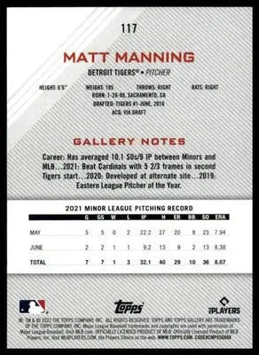 Matt Manning Rookie 2022 Topps Gallery #117 Detroit Tigers - Baseball Card Single