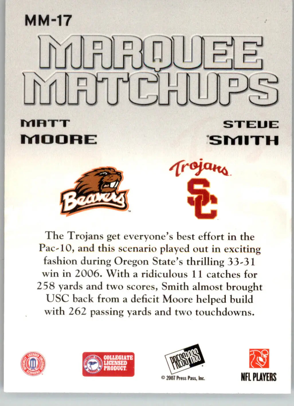 Matt Moore / Steve Smith - 2007 Press Pass SE - #MM-17 - Marquee Matchups - Football Card Single