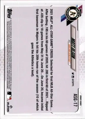 Matt Olson 2021 Topps Update 2021 MLB All-Stars #ASG-17 Oakland Athletics - Baseball Card Single
