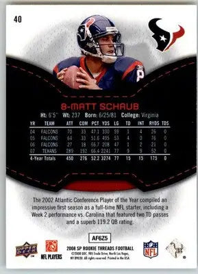 Matt Schaub - 2008 SP Rookie Threads - #40 - Football - Football Card Single