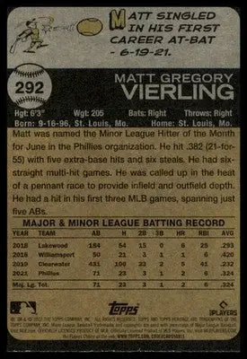 Matt Vierling Rookie 2022 Topps Heritage #292 Philadelphia Phillies - Baseball Card Single
