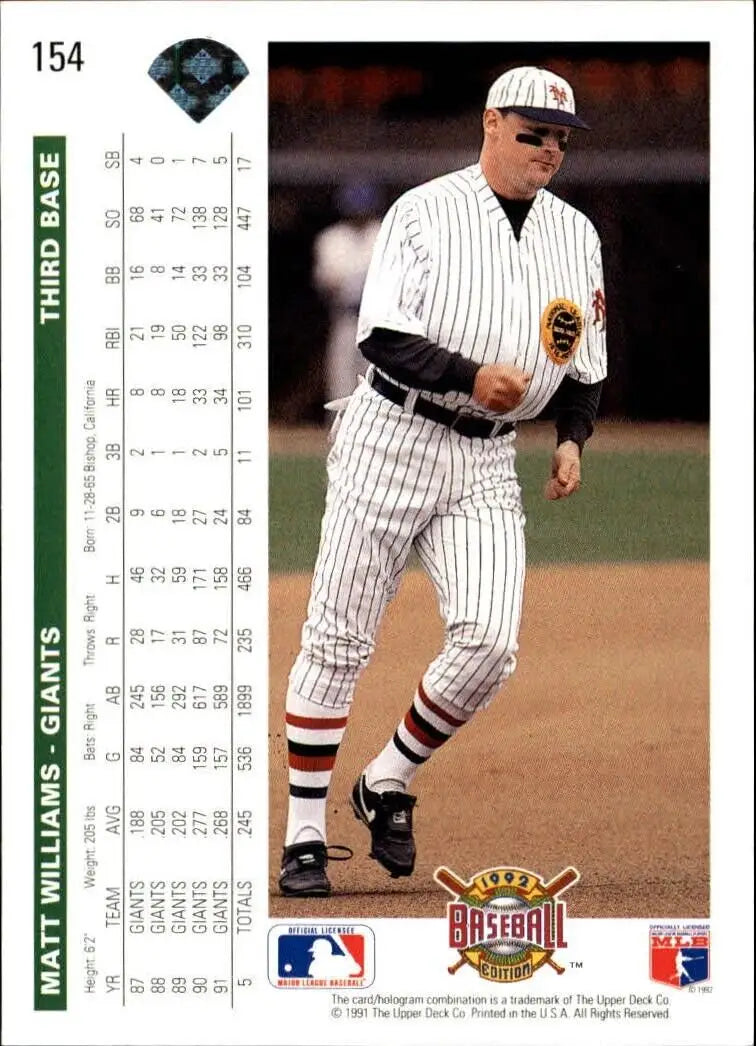 Matt Williams 1992 Upper Deck MLB #154 Baseball Card San Francisco Giants